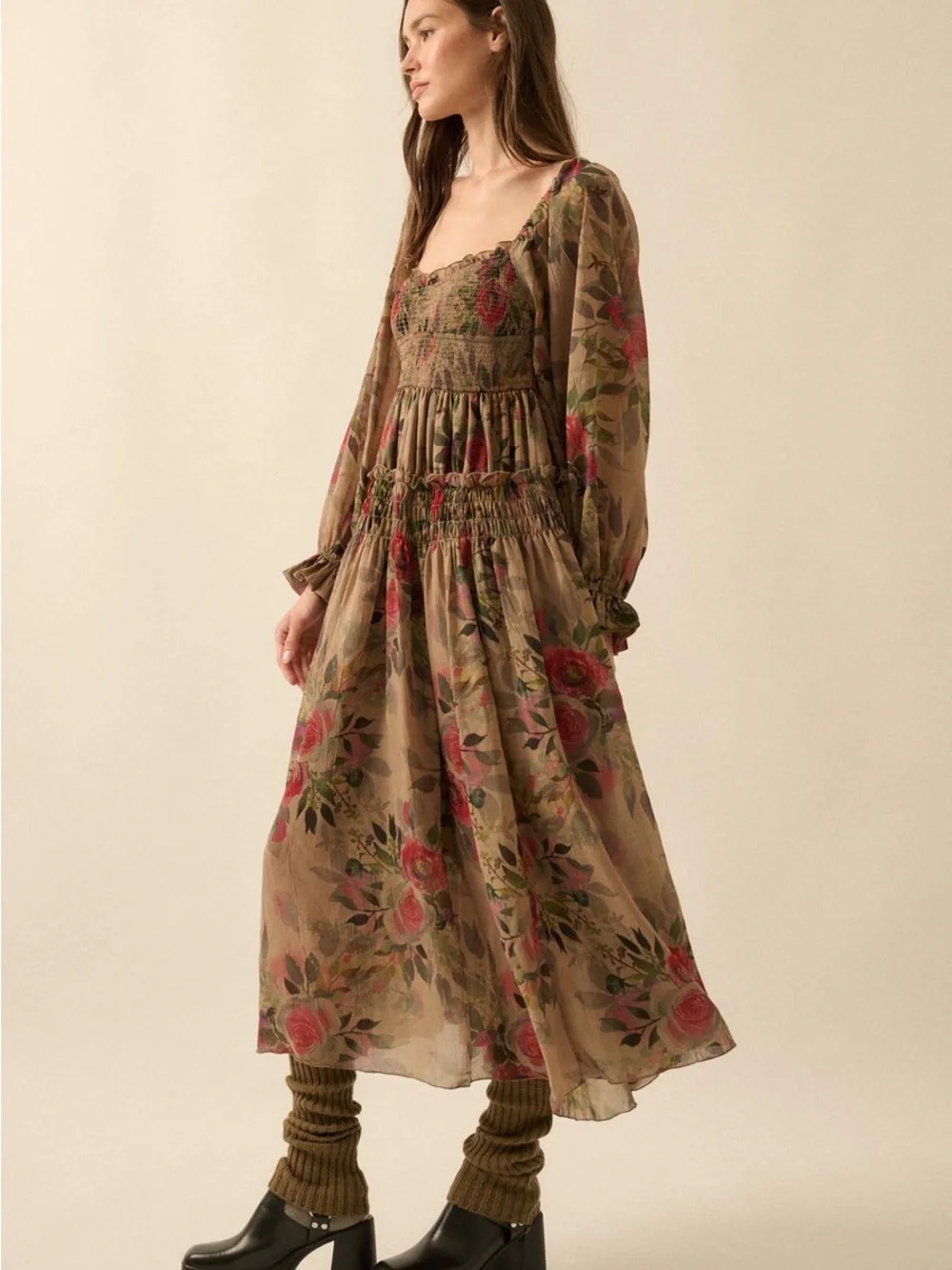 PROMESA Wandering Rose Smocked Floral Chiffon Midi Dress Flowy Fairy Core Dress